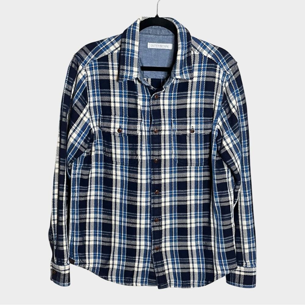 OUTERKNOWN Blue & White Plaid Blanket Men's Shirt Size Medium Cotton Casual - Picture 2 of 5